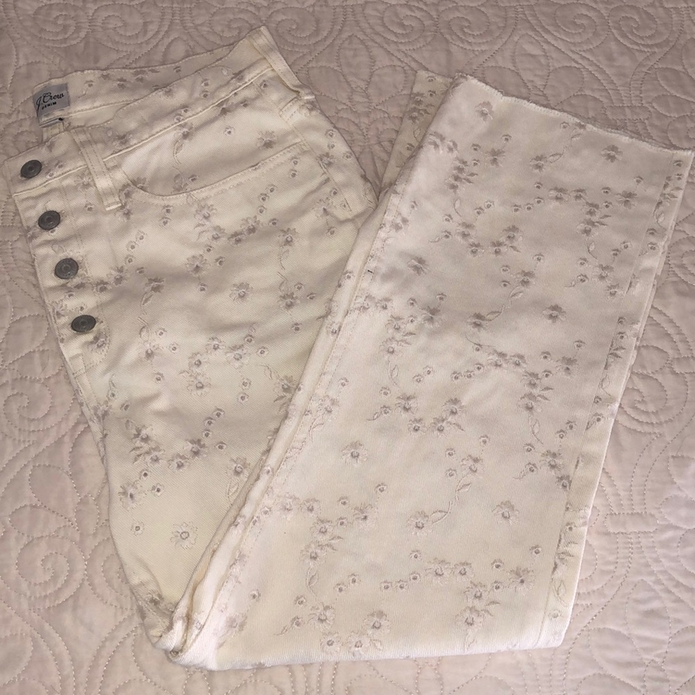 JCrew Floral Embroidered Ivory Jeans